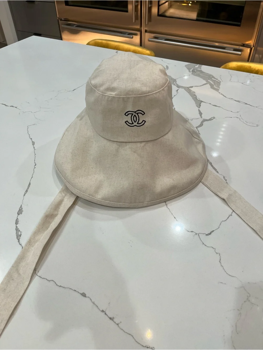 Cream Wide-Brim Canvas Sun Hat with Black CC Embroidery